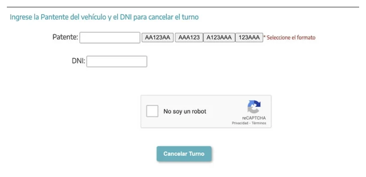 Pantalla para cancelar el turno de la VTV en Malvinas Argentinas con patente y DNI